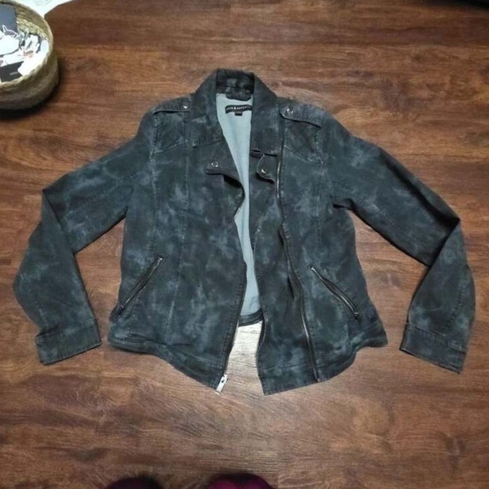 Rock & Republic Black Acid Wash Denim Moto Jacket Women's M Y2K Biker